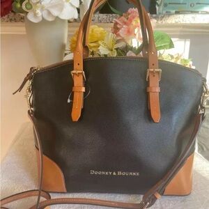 DOONEY AND BOURKE Navy and tan leather trim Pebble Grain Domed Satchel handbag.